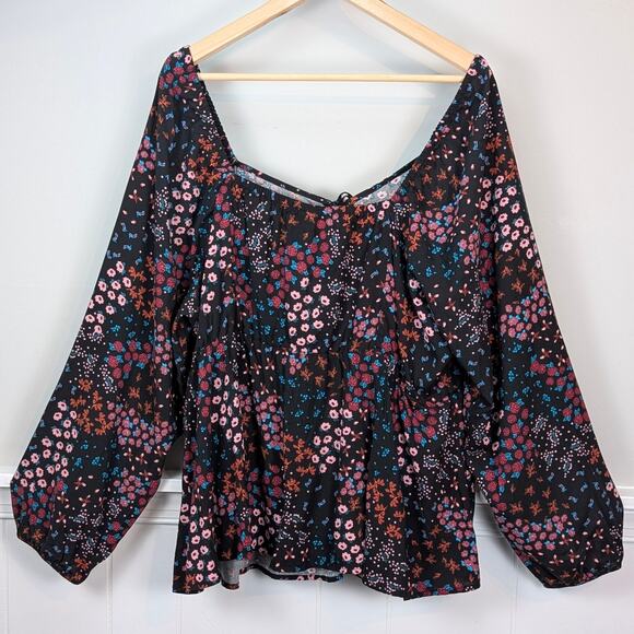 Torrid Peplum Challis Sweetheart Top, Black Floral Long Sleeve Peasant Blouse 3x - Picture 9 of 13